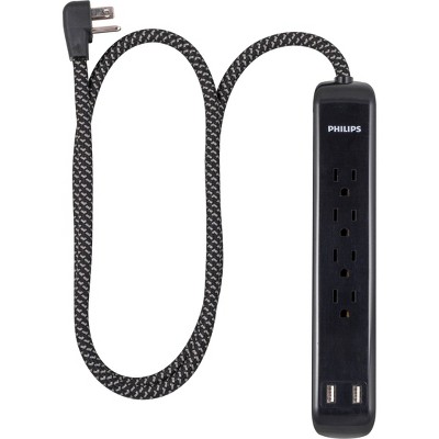 Image of Philips 4-Outlet Surge Protector with USB Ports and 4' Braided Cord - Black