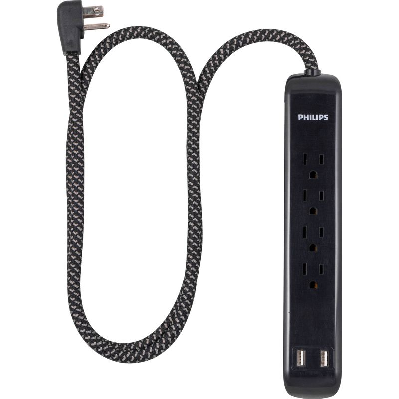 Philips 4-Outlet Surge Protector with USB Ports and 4&#39; Braided Cord - Black, 1 of 12