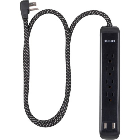 Philips 4-Outlet Surge Protector with USB Ports and 4' Braided Cord - Black - image 1 of 4