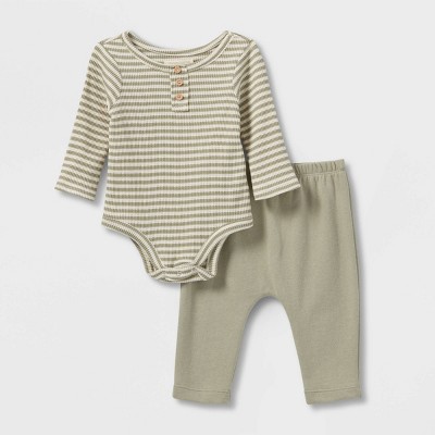 Grayson Collective Baby 2pc Thermal Henley Top & Bottom Set - Sage Green Newborn