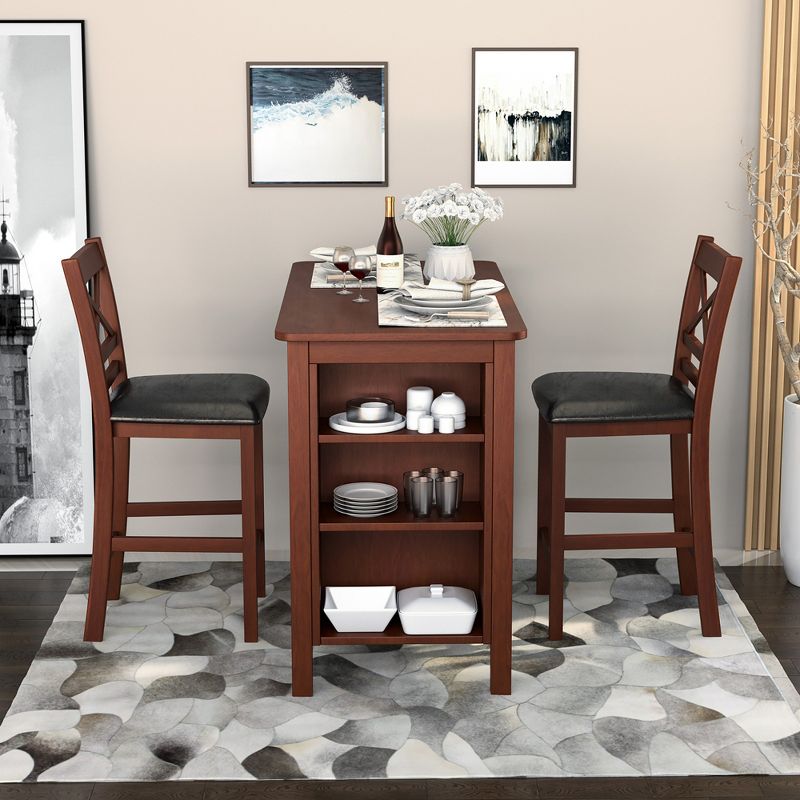 Costway 3PCS Pub Dining Table Set w/ Storage Shelves&2 Upholstered Chairs Walnut, 3 of 10