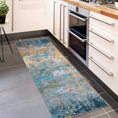 Modern Abstract Rug Washable Rug Low Pile Non-Slip Rugs for Living Room Bedroom, 2'x6' Blue Orange