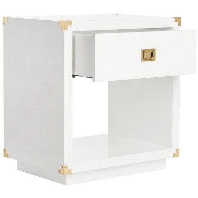 White Lacquer Rectangular Side Table with Brass Accents and Storage