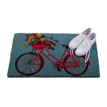 tagltd 1'6"x2'6" Red Bike with Flower Basket Rectangle Indoor and Outdoor Coir Door Welcome Mat Red Bike on Blue Background