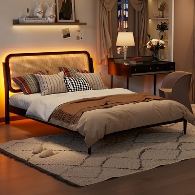 NicBex Queen Platform Bed Frame with Rattan Headboard and LED Light,Under Bed Storage,Wood Slats Support,No Box Spring Needed,Easy Assembly