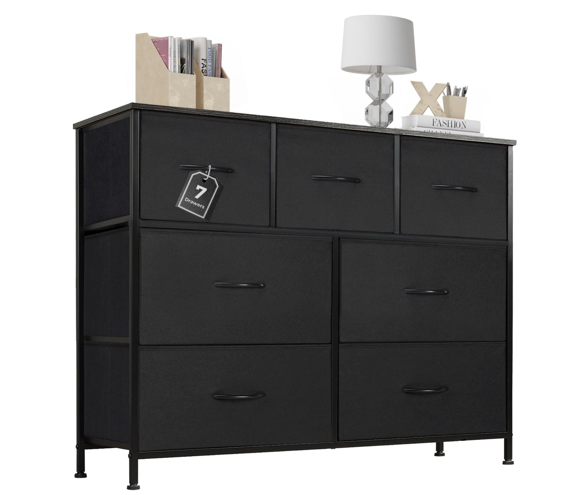 Sweetcrispy 7 Drawer 39.3  W Chest of drawer with Wood Top & Fabric Drawer | Black