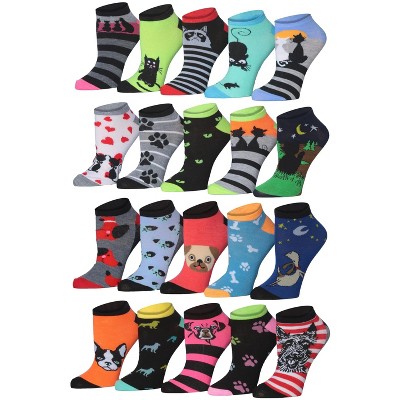 Tipi Toe Women's 20 Pairs Casual Fun Colorful Cat's & Dog's Fun Patterned Low Cut/No Show Socks