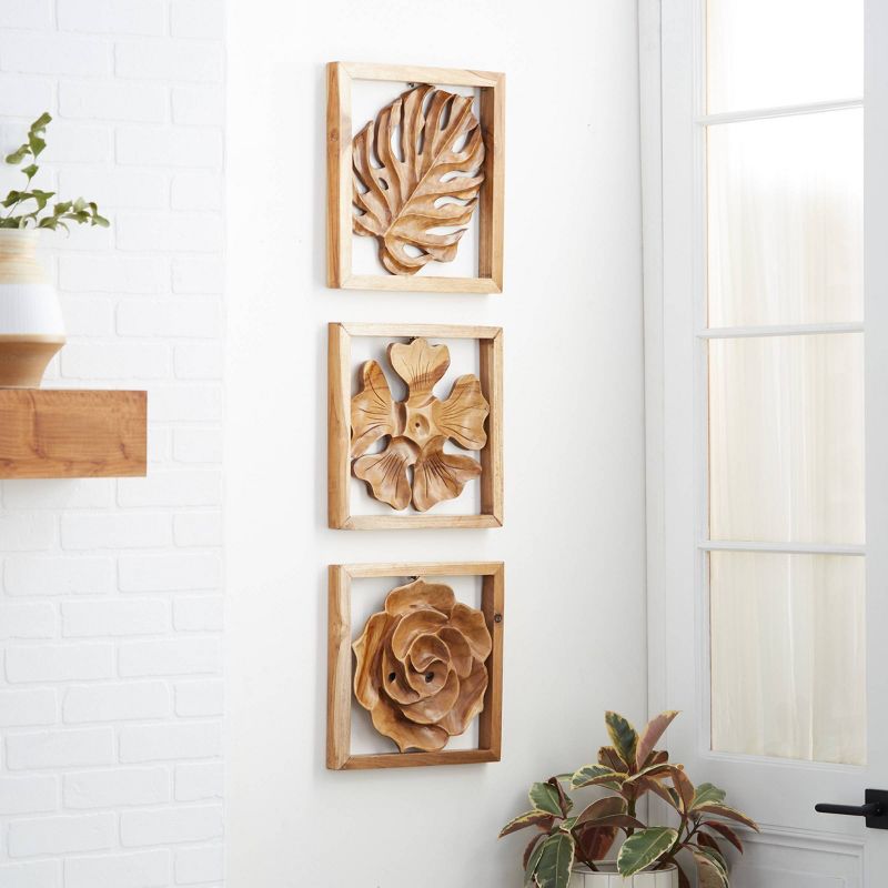 Set of 3 Teak Wood Floral Handmade Framed Carved Leaf and Wall Decors Brown - Olivia &#38; May, 2 of 6