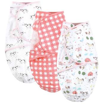 Hudson Baby Infant Girl Quilted Cotton Swaddle Wrap 3pk, Girl Farm Animals, 0-3 Months