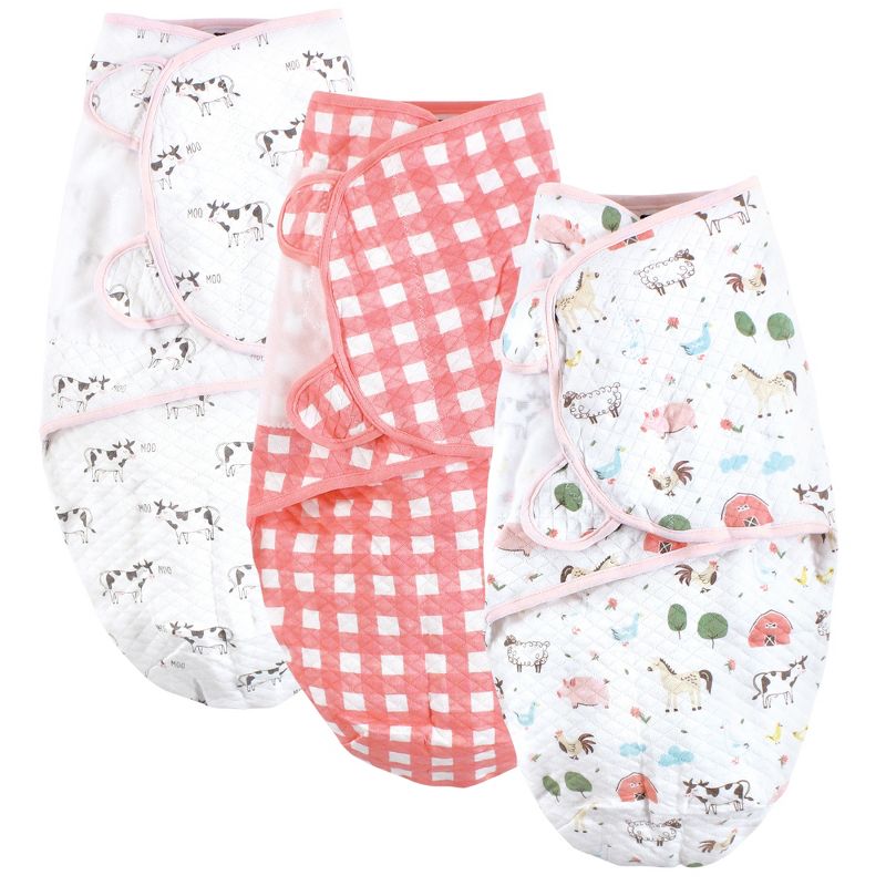 Hudson Baby Infant Girl Quilted Cotton Swaddle Wrap 3pk, Girl Farm Animals, 0-3 Months, 1 of 7