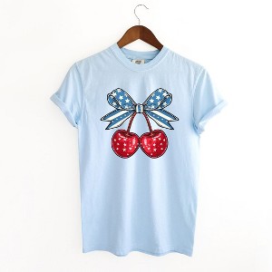 Simply Sage Market Women's Coquette Patriotic Cherries Short Sleeve Garment Dyed Tee - 1 of 2