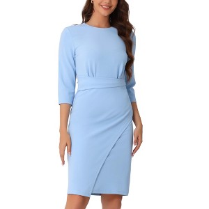 INSPIRE CHIC Women's 3/4 Sleeve Bodycon Round Neck Wrap Wear to Work Church Pencil Midi Dress - 1 of 4