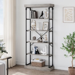 6-Tier Industrial Bookshelf, Tall Wood and Metal Bookcase with Sturdy Frame, Open Display Shelf and Storage Organizer - 1 of 4