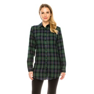 Haute Edition | Women's Long Sleeve Tunic Length Plaid Button Down Shirt - 1 of 3