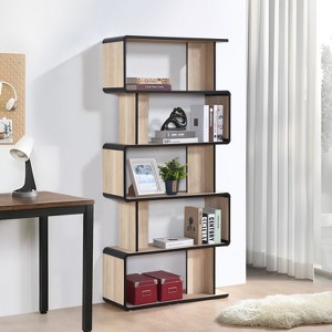 Kings Brand Furniture Nathan Bookcase – Modern Asymmetrical Wood Storage for Living Room or Home Office Décor, Oak with Black Edge - 1 of 4