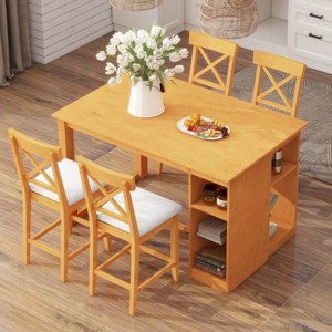 5 Piece Farmhouse Dining Table Set,Wood Counter Height Dining Table and 4 Chairs Set,Kitchen Dining Set with 3 Tier Storage Shelves-Coolbibila - 1 of 4