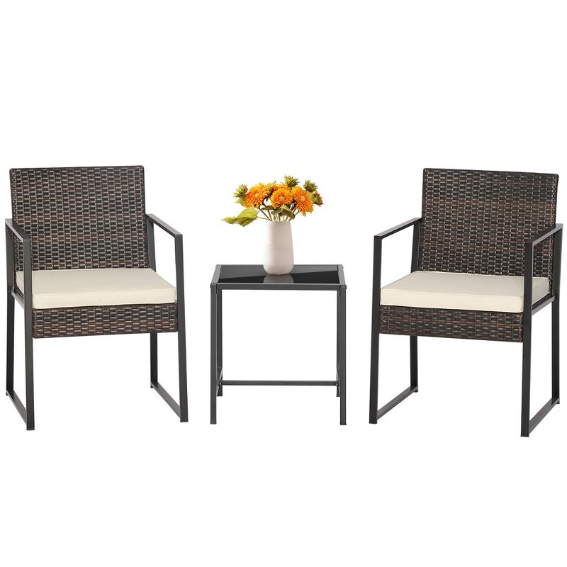 Costway 3pcs Patio Furniture Set Heavy Duty Cushioned Wicker Rattan Chairs Table, 2 of 11