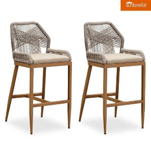 PURPLE LEAF Patio Sunbrella Bar Stools Set of 2 Handwoven Wicker Bar Height Stool Modern Aluminum Outdoor Wicker Barstools with Back and Cushion - 1 of 4