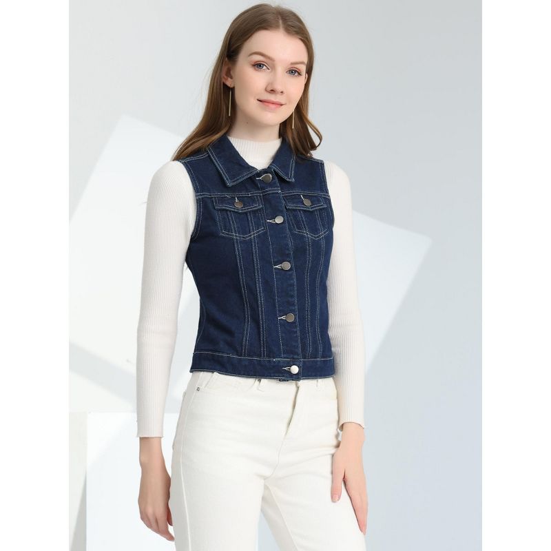 Allegra K Women's Buttoned Washed Denim Vest with Faux Chest Flap Pockets, 4 of 7