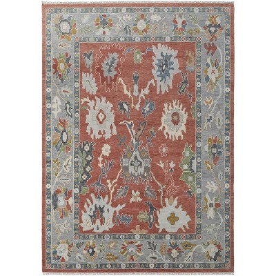 Gray Red and Ivory Wool Floral Hand Knotted Area Rug With Fringe