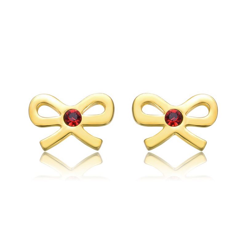 14k Gold Plated Red Velvet Crystal Ribbon Bow Tie Stud Earrings, 1 of 4