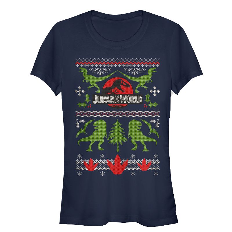 Juniors Womens Jurassic World Ugly Christmas Print T-Shirt, 1 of 4