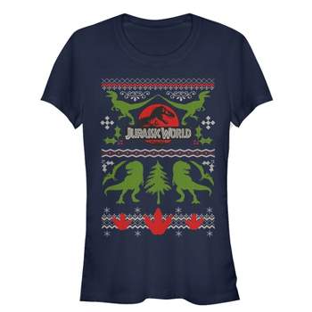 Juniors Womens Jurassic World Ugly Christmas Print T-Shirt
