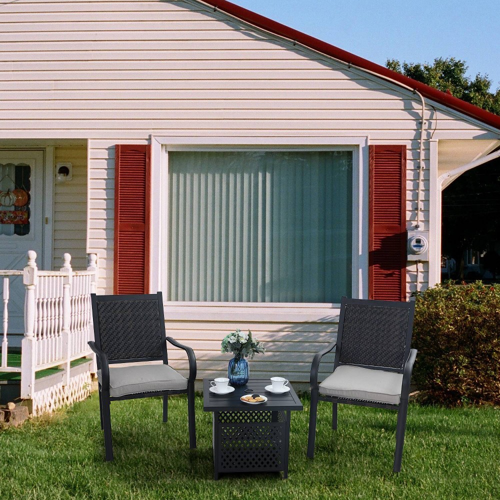 3pc Patio Conversation Set with Wicker Rattan Chairs with Cushions & Square Table with Umbrella Hole - Captiva Designs