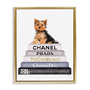 Stupell Industries Book Stack Yorkie Dog Glam Fashion Watercolor Floating Frame Canvas Art, Gold, 25" x 31" - 1 of 4