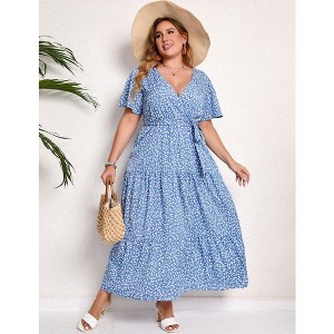 Women Plus Size Maxi Dress V Neck Summer Dress Short Sleeve Long Dress High Waist Ruffle Casual Dress with Belt, Blue White Flower, 3XL - 1 of 4
