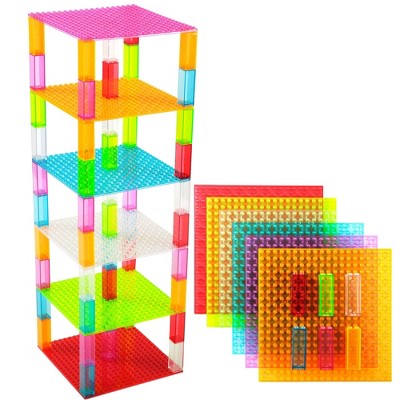 Strictly Briks Toy Building Block - Classic Stackable Baseplates 6x6 Inch Brik Tower, 6 Baseplates & 50 Stackers - Clear Colors, 56 Pc