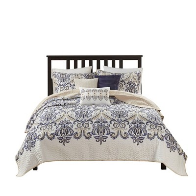 6Pcs Reversible Quilted coverlet Set with Paisley Print and Embroidered Decorative Pillows
