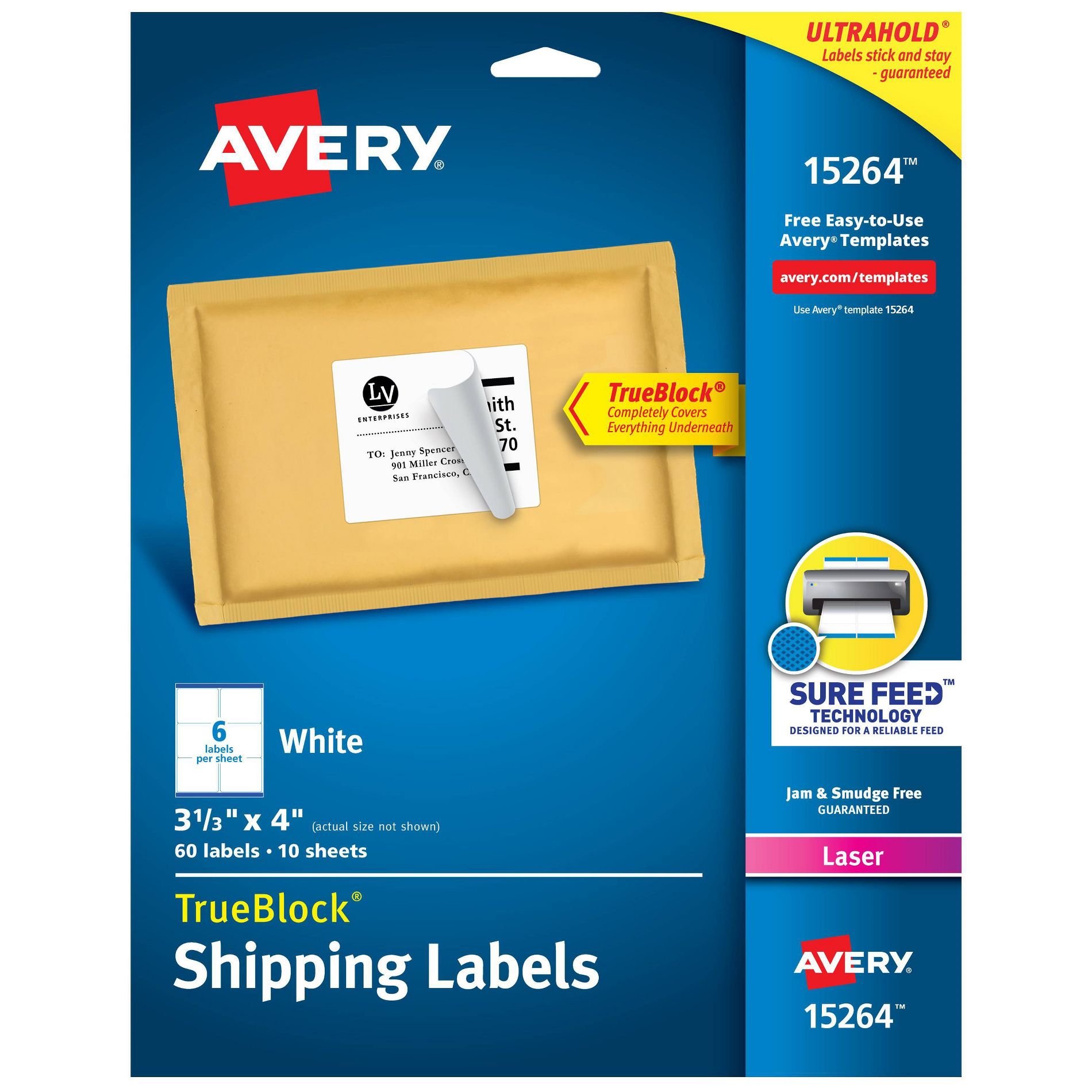 Avery 3 1/3" x 4" 60ct TrueBlock Shipping Labels White: Printable Mailing & Address Labels for Printers