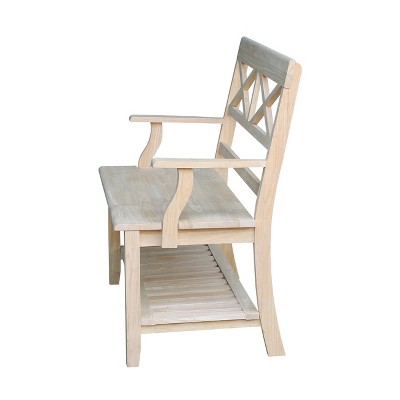 Unfinished Parawood Double X-Back Bench with Storage Shelf