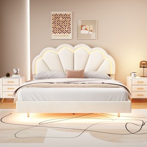Queen Bed Frame And Headboard,Bed Floating With Led Lights,Velvet Fabric Bed,Elegant Floral Headboard-Cuddlewood - 1 of 4