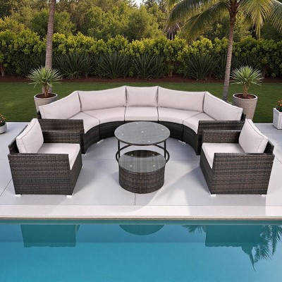 9-Piece Outdoor Patio Wicker Half-Moon Sectional Sofa Set with Nesting Coffee Table and 2 Armchair