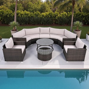 9-Piece Outdoor Patio Wicker Half-Moon Sectional Sofa Set with Nesting Coffee Table and 2 Armchair - 1 of 4