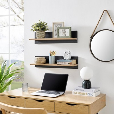 Chestnut and Black Wood Floating Wall Shelves Set of 2