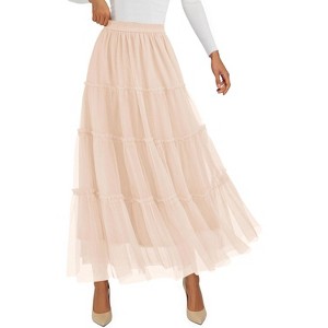 Tulle Skirts for Women 2025 Fall Fashion Elastic High Waisted Fairy Tiered Flowy A-Line Casual Maxi Long Skirt Beige - 1 of 4