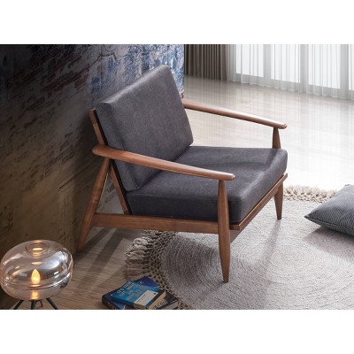 Charcoal Fabric and Brown Wood Mid-Century Modern Accent Chair