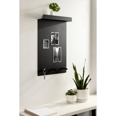 Black Metal Wall Organizer with Shelf and Hooks