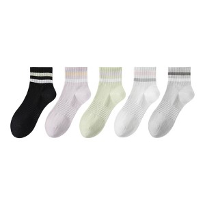 Anna-Kaci 5 Pairs Women Cotton Ankle Socks with Pastel Striped Cuffs Soft Breathable Knit Fabric for Everyday Comfort - 1 of 4