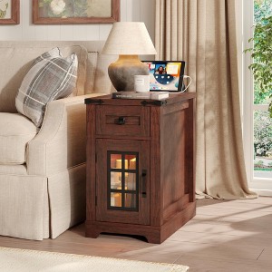 End Table with Glass Barn Door, LED Lights & Charging Station, Wood Rustic Nightstand - 1 of 4