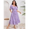 Clearlove Womens Plus Size Square Neck Floral Print Summer Dress Ruffle Short Sleeve Tie Front Slit Hem Boho Maxi Dress - 3 of 4