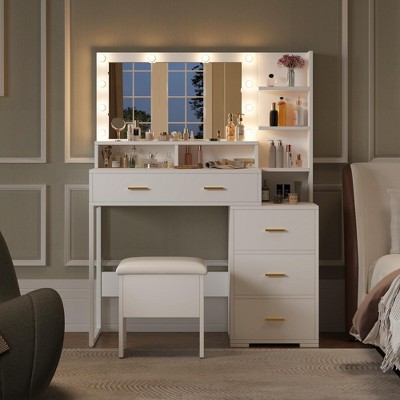 White Makeup Vanity Desk with Mirror, 5 Drawers and Shelves