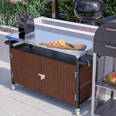 GDFStudio Bethune Modern Outdoor Wood Serving Cart with Stainless Steel Tabletop and 4 Wheels