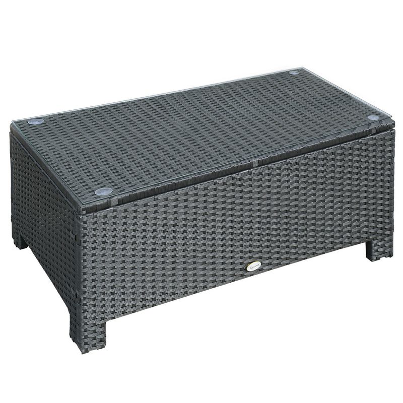 Ousunny Patio Furniture, Wicker Coffee Table, Hand-Woven PE Rattan Side Table with a Tempered Glass Top, 33.5" x 19.75", Black, 1 of 7