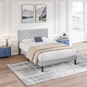 CAVINAS Platform Bed with Modern Button Tufted Linen Fabric Headboard,Upholstered Bed Frame,Box Spring Not Required - 1 of 4
