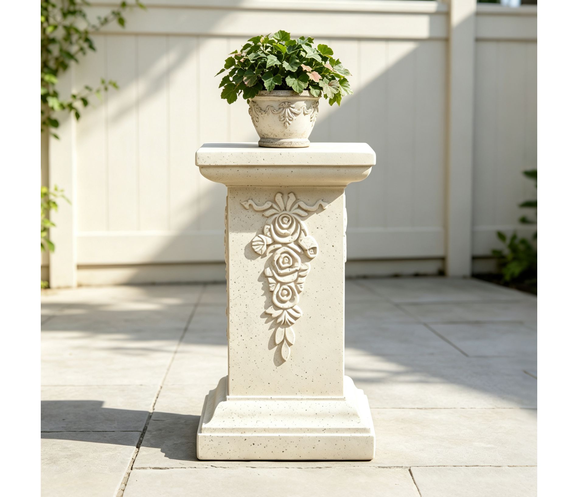 Floral Pedestal Plant Stand Patio Side Table Decorative Column End Table Weather Resistant Indoor&Outdoor Accent Table, No Assembly, Sand - ModernLuxe