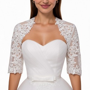 Anna-Kaci Women's Floral Lace Embroidered Bolero Jacket with Sheer Half Sleeves and Scalloped Edges - One Size Fits Most, White - 1 of 4
